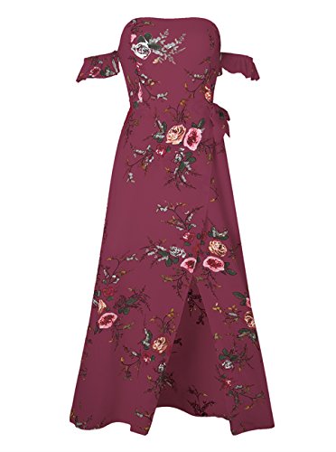 Poptem Womens Summer Maxi Beach Wedding Dress Off Shoulder Ruffles Floral Casual High Waist Flowy Split Sundresses(Red S)
