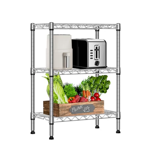 M MZG Metal Shelving Unit with 3 Levels, Load Capacity 340 kg, Adjustable Shelves for Kitchen, Bathroom, Pantry and Office, Study, Chrome, 30 x 55 x 72.5 cm
