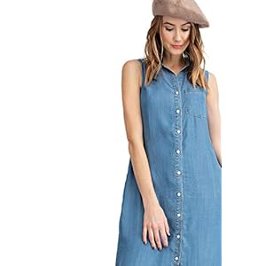 Women’s Classic Sleeveless Blue Jean Button Down Denim Pocket Collar Shirt Dress www.denim.fit