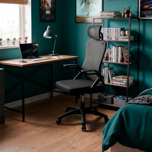 DRAIR35 – Silla Escritorio Ergonómica Oficina y Hogar de Malla tensada Transpirable, Reclinable 90-120°, Reposacabezas y Reposabrazos Abatibles, Soporta hasta 120 kg, Negro