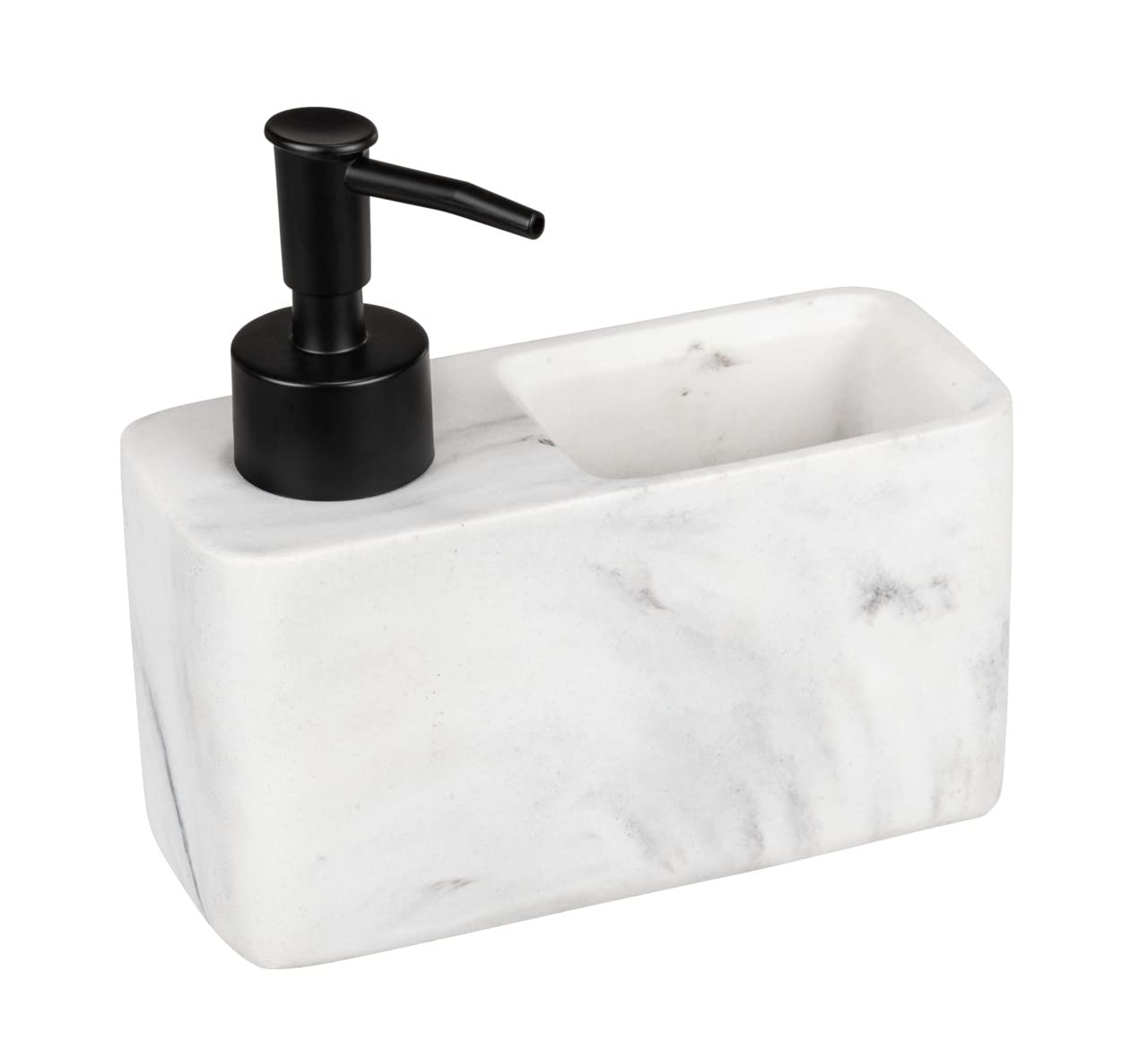 WENKO Resa washing-up liquid dispenser, kitchen soap dispenser in marble look with sponge compartment, refillable, capacity approx. 150 ml, 14.5 x 14.3 x 6 cm, white/black