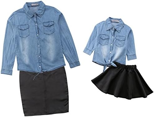 Mommy and Me Matching Long Sleeve Demin T Shirt Tops+Skirt Dress Family Outfits Clothes