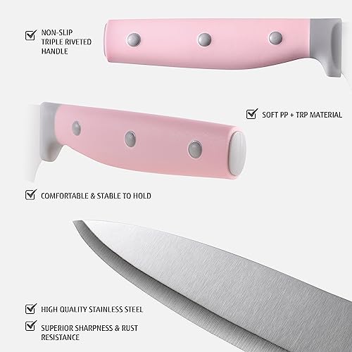 hecef 5 Pieces Kitchen Knives with Magnet Knives Organizers (33 cm), Professional Stainless Steel Kitchen Knives Set with Magnetic Bar Knives (Pink)