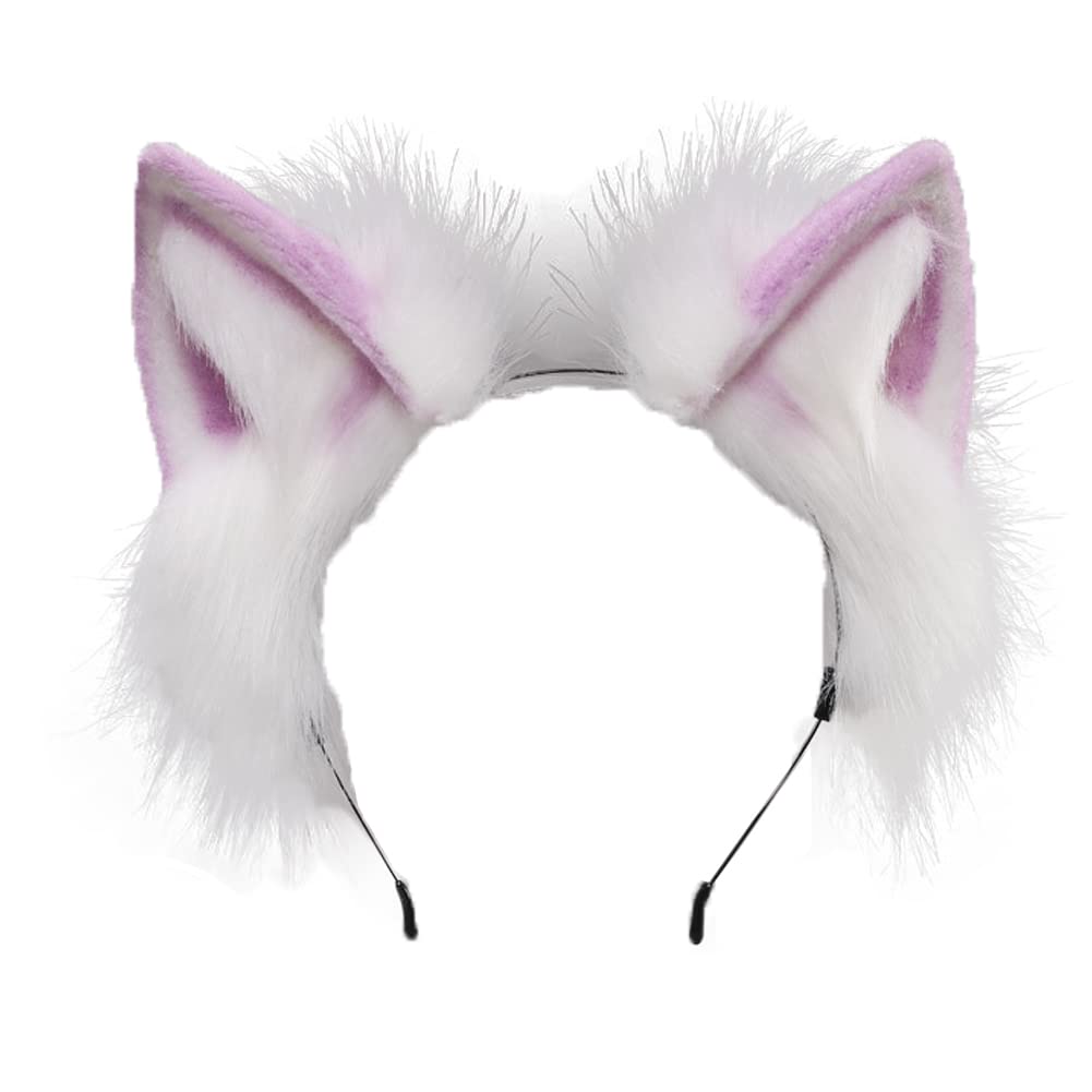 Handmade Fluffy Wolf Fox Cat Ears Headband Animal Anime Cosplay Party Headwear Fancy Dress Costume Hair Hoop (Purple)