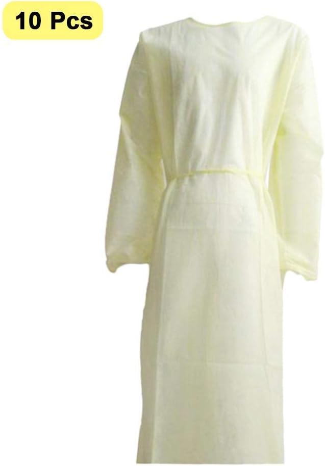 Disposable Gowns, 10/50 pcs Disposable Waterproof Film Isolation Clothing, with Elastic Cuff -Disposable Non-Woven, Splash Resistant (Yellow-10pcs)