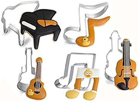 DOOGA Cookie Cutters Set-Music Stainless Steel Music Cookie Cutter Set with 5 Pieces of Cookie Press Biscuit Mould Including Piano Biscuit Press, Violin Cookie Mould, Musical Notes (5PCS Muisc)