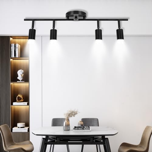 Lampara de techo Kit de iluminación de riel ajustable,iluminación de riel negro de 4 luces para techo,Compatible con E26/E27