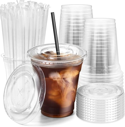 12oz 100 PCs Disposable Plastic iced coffee cups with lids and straws. Clear Disposable Plastic cups for Cold drink, iced coffee, Milkshakes, Smoothies, Juices. Eco friendly BPA free.