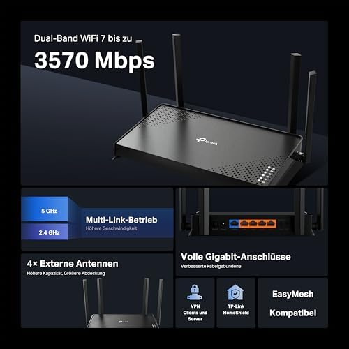 Wi-Fi 7 Router Archer BE220, Dual-Band WLAN 3570 Mbps, 5 × Gigabit-Port, USB 3.0, MLO, EasyMesh, VPN, HomeShield, Kindersicherung, 𝐊𝐞𝐢𝐧 𝐃𝐒𝐋-𝐀𝐧𝐬𝐜𝐡𝐥𝐮𝐬𝐬 𝐔𝐧𝐭𝐞𝐫𝐬𝐭𝐮𝐭𝐳𝐭
