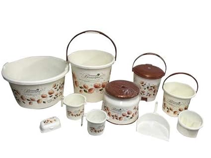 Migglo Multipurpose Kitchen Bathroom Set Square And Round Shape Bucket Tub Mug Dustbin 10 Piece Set Printed Bathroom Accessories Set Bathroom Set 10 Ivory Amazon In Home Kitchen