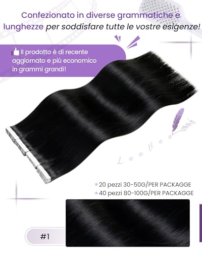 LaaVoo 55 cm Real Hair Extensions Double Sided Adhesive 20 Pieces Black Jet Hair Extensions Double Sided Straight Remy Human Hair Extensions Invisible Adhesive 50 g #1