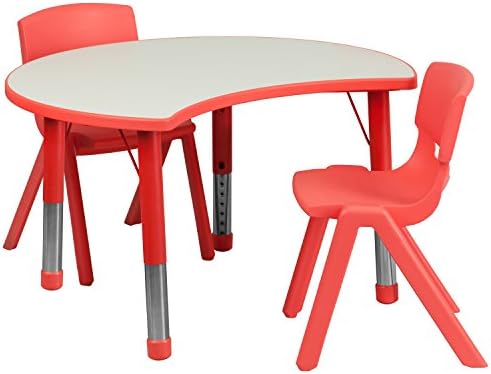 MFO 25.125''W x 35.5''L Height Adjustable Cutout Circle Red Plastic Activity Table Set with 2 School Stack Chairs