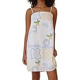ROAONOCOMO Women Boho Graffiti Cami Mini Dress Spaghetti Strap Printed A Line Short Dress Cute Colorful Sundress