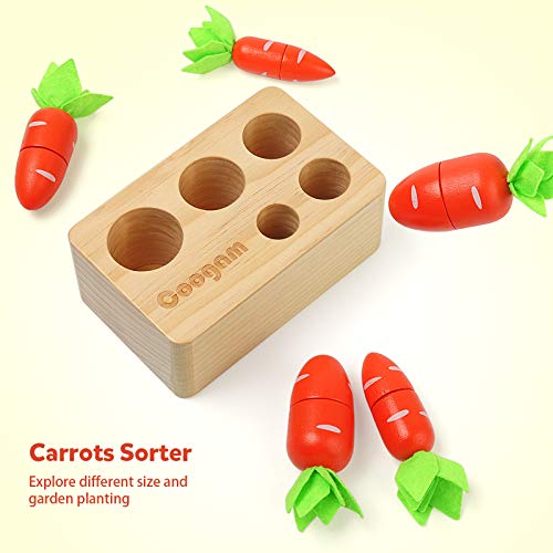 Coogam Baby Carrots Sorting Toy, Wooden Montessori Color Shape Sorter Cutting Harvest Matching