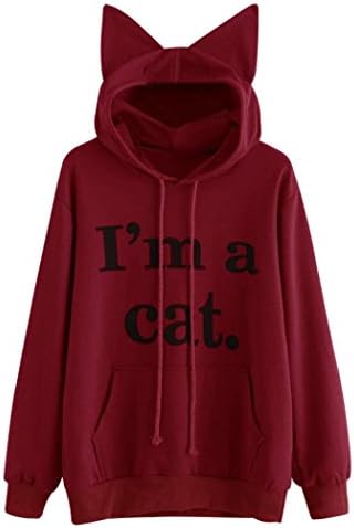 Womens Unicorn Print Long Sleeve Hoodie Sweatshirt Jumper Hooded Pullover Tops (XL=US12, X-Cat-Red)