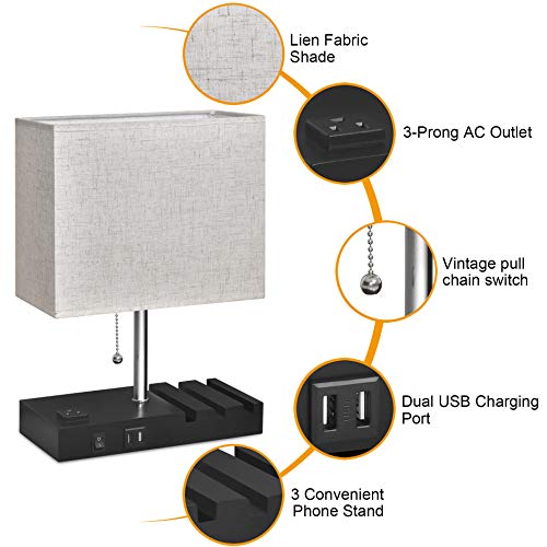 USB Bedside Lamp With Phone Stands,Hansang Table Lamp Dual Charging Ports,Nightstand Lamp for Bedroom,Minimalist Fabric Linen Lamp Shade with Pull Chain,E26 Warm White LED Bulb Included