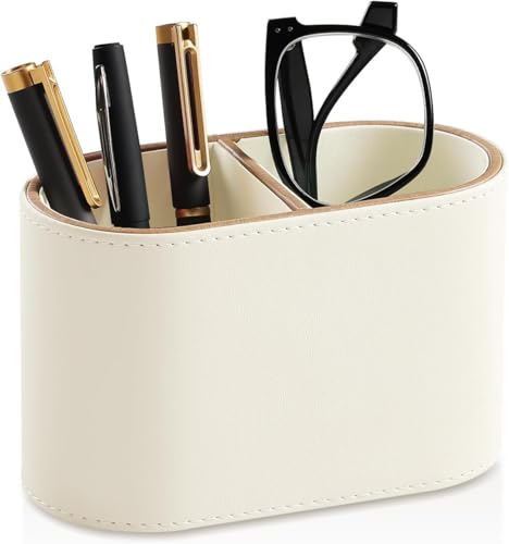 PU Leather Pen Holders, 2-Compartment Pencil Holder, Small Desk Organizer for Remote Controls, Markers, Scissors, Office Supplies, Home, School, and Office Desk Accessories (Beige)