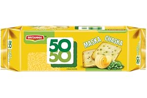 BRITANNIA MASKA CHASKA Family pack - 50 50 Crackers (Pack of 4) - 62g. Crispy wheat Snack thins, Savory Indian School Snacks