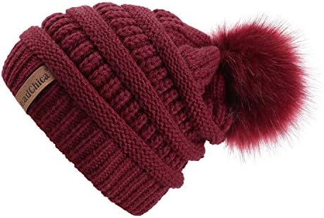 Winter Knit Beanie Slouchy Hat Soft Thick Warm Beanie Women Faux Fur Pompom Skull Caps