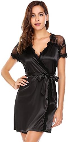 FANEO Womens Satin Kimono Robe Lace Trim Silky Bathrobe Short Sleeve Dressing Gown Loungewear