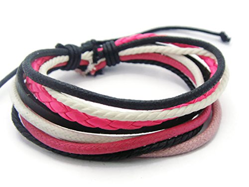 APECTO Jewelry Trendy Multilayer PU Leather Ropes Friendship Surfer Wrap Cuff Adjustable Bracelet Handmade (Pink), SM43