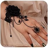 Missgrace Gothic Halloween Vintage Black Lace Bangle Black Crystal Charm Steampunk Flower Tassel Bracelet Rings for Women