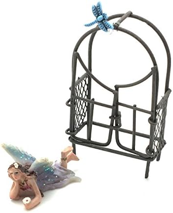 Miniature Fairy Garden Set - Micro Mini Sun Kissed Tiny Fairy, Rustic Garden Arch with Gate and Dragonfly on Wire