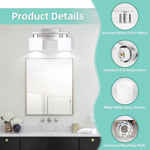 SILAMPDI Bathroom Light Fixtures Silvery, Vanity Lights for Bathroom 2-Light, Wall Sconces Lamp for Bedroom, Hallway, Milky White Glass Shades, E26 Base 60W MAX, Bulbs Not Included