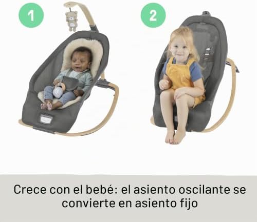 , Asiento Mecedor 2 en 1 Every Season, Tejido Apto para Frío y Calor, Barra de Juguetes Desmontable Hecha de Madera Sostenible, Música, Vibración, 0-30 Meses, Gris