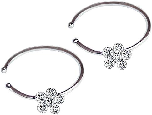 CrazyPiercing 2Pcs Fashion Thin Stud-sparkly Nose Hoop Rings with Cubic Zirconia Jewelry Accessories (Silver)