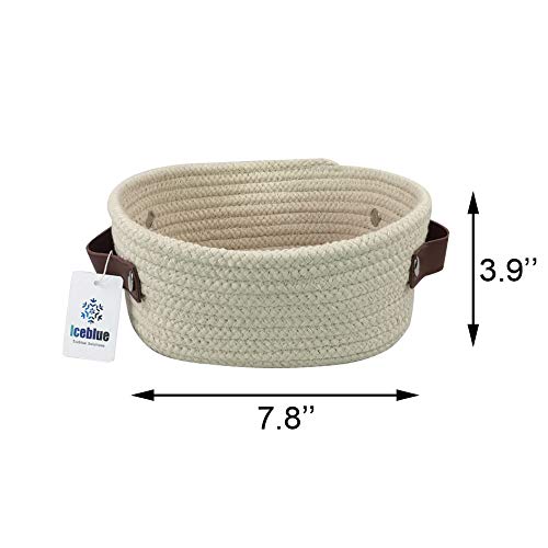 ICEBLUE HD Mini Beige Natural Cotton Rope Dog Toys Basket Nursery Basket Catchall with Leather Handles