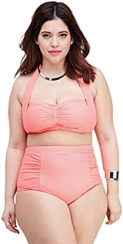 Plus Size Women Retro Bombshell Ruched High Waist Bikini Swimwear Swimsuit(FBA)