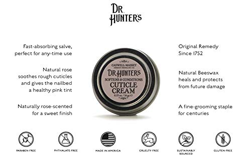 Caswell-Massey Dr. Hunter's Cuticle Cream is a natural balm that promotes healthy nails by softening and moisturizing cuticles. Its formula is a blend of beeswax, lanolin, and aloe vera that soothes and protects the cuticle area, preventing dryness and cracking. This cream is also enriched with vitamins A and D, which help promote healthy nail growth and strength.