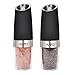 Kato Gravity Electric Salt and Pepper Grinder Set of 2 - Automatic Operation, Battery Powered, Blue LED Light - Adjustable Ceramic Grinding Coarseness Mills with Free Garlic Peeler, Black