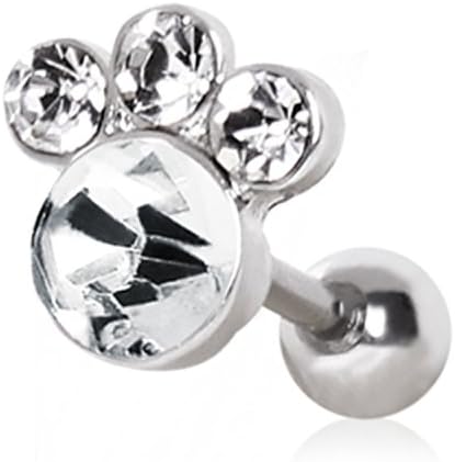 Gemmed Puppy Paw Animal Print Cartilage Earring 316L Surgical Steel Size 16GA 1/4" Little Aiden