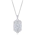 BERRICLE Sterling Silver Vintage Inspired Art Deco Cubic Zirconia CZ Milgrain Pendant Necklace for Women, Rhodium Plated 18 inch