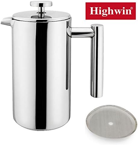 Highwin 3-Cup/8-Cup Doublewall Stainless Steel Mirror Finish Coffee Press Plunger with Filter, Silver (8-Cup / 1000ML)