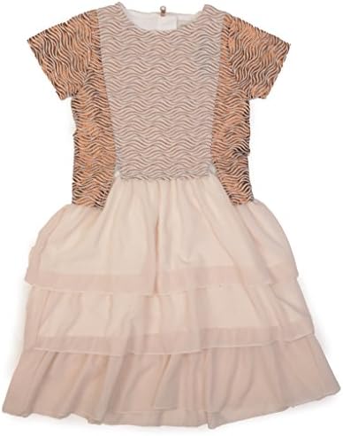 Tvisha Girls Luxurious Short Sleeved Metallic Pattern Ruffled Midi Dress - (Gold and Cream) Euro Size 122