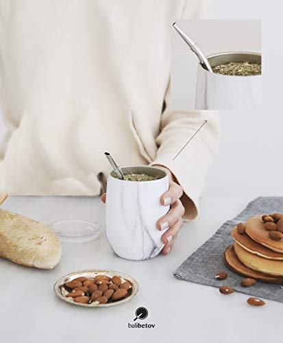 Balibetov [NEW] Modern 12 oz Yerba Mate Gourd Set (Mate cup) - Double Walled 18/8 Stainless Steel - Includes Two Bombillas and a Cleaning Brush (MARBLE) - Thumbnail 2