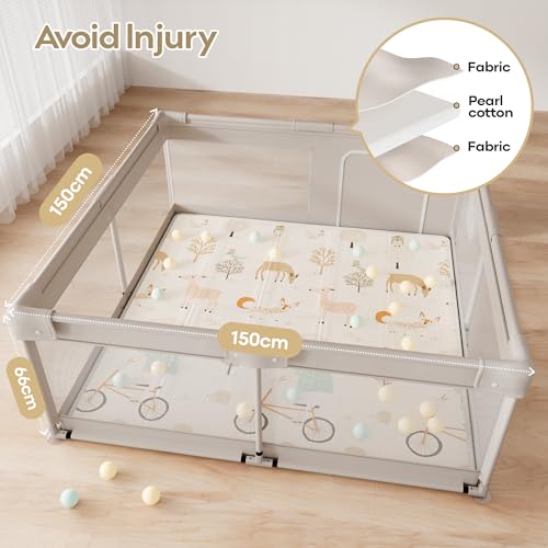 Lertantri Baby Playpen 150 x 150 cm - XXL Baby Playpen with Play Mat, Playpen with Breathable Mesh on Four Sides and Suction Cups