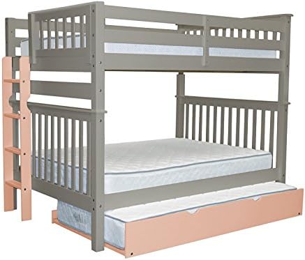 Bedz King Bunk Beds Full over Full Mission Style with a Pink End Ladder and a Twin Pink Trundle, Gray