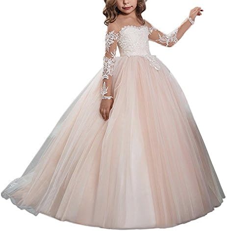PANLIFE Lace Embroidery Sheer Long Sleeves Kids Trailing Gowns Blush