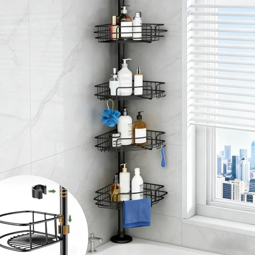 Organizador Para Baño Esquinero Regadera,Organizador de Baño Regadera Esquinero Con hebilla Ajustable 60-118 inch,con 4 estantes,1toallero y 4 ganchos,acero inoxidable,la oxidación,para cocina baño.