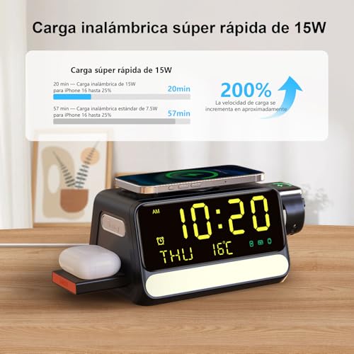 Soporter Cargador Inalámbrico 7 en 1 con Reloj y Luz Nocturna, Estación de Carga Rápida 33W para iPhone 17/16/15/14/13/12, Apple Watch, AirPods y Samsung S26 S25 Ultra Watch