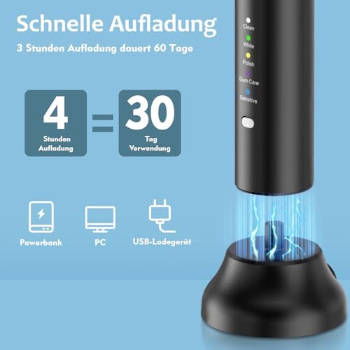 Elektrische Zahnbürste, 5 Modi Elektrische Schallzahnbürste, 2 Minuten Timer,USB-Ladung für 60 Tage, IPX7 Wasserdicht mit Reise-Etui 4 Aufsteckbürsten