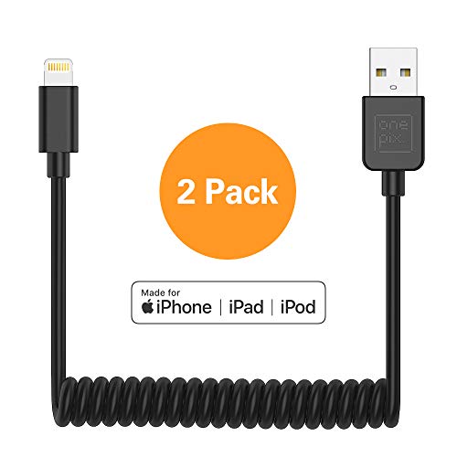 ONE PIX Coiled Lightning Cable for iPhone (2 Pack), MFi Certified Coil Car Charger Cable Compatible with iPhone 11/XS/XS Max/XR/X/8/8 Plus/7/7 Plus/6s/6s Plus/6/6 Plus/SE/5s/5c/5/iPad/iPod - Black