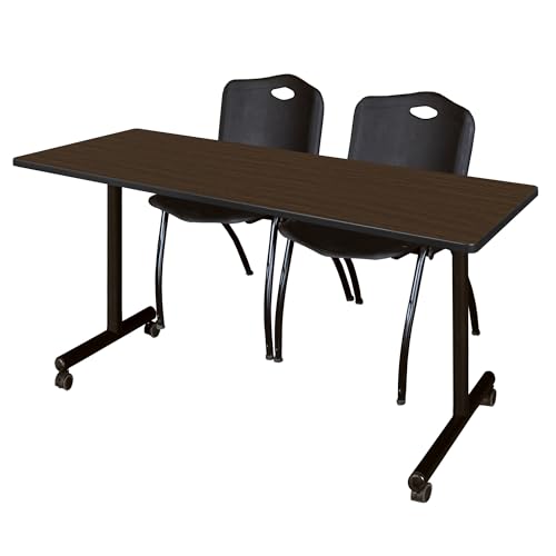 Regency Kobe 60 x 24 in. Mobile T-Base Training Table- Neo Walnut, 2 M Stack Ch…