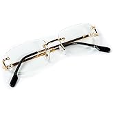 Rectangle Unisex Frameless Gold Wire Frame Luxury Trendy Gem Cut Retro 90's Rimless Clear Lens Hip Hop Diamond Cut Square Eye Glasses For Men Women