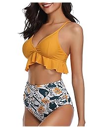 Tiéntame a las damaes dos piezas de cintura alta con volantes Bikini Set V cuello impreso traje de baño