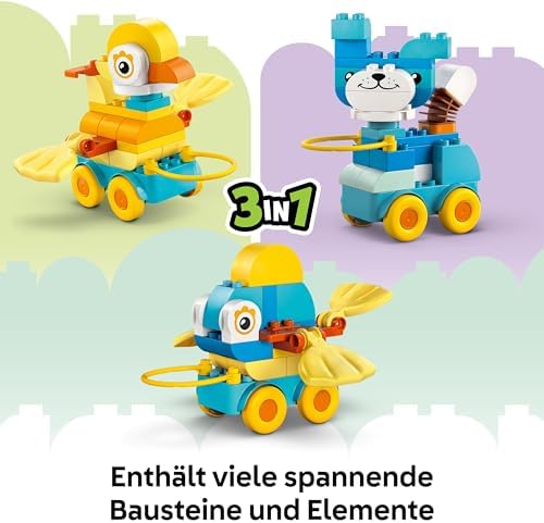 DUPLO Town Tiere auf Rädern 3-in-1-Set - Montessori Spielzeug zum Bauen von Ente, Fisch oder Hund mit Rädern und Ziehgriff - Geschenk für Mädchen und Jungen ab 2 Jahren - 10448